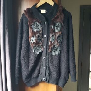 Black Sweater Fur Bead Leather Embroidery Cardigan Vintage Vibe Grandma Core